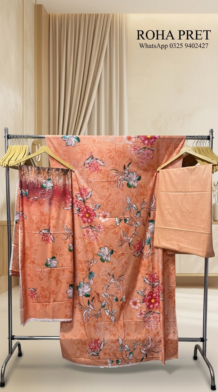 Dusty Peach Printed Linen 3-Piece Unstitched Suit