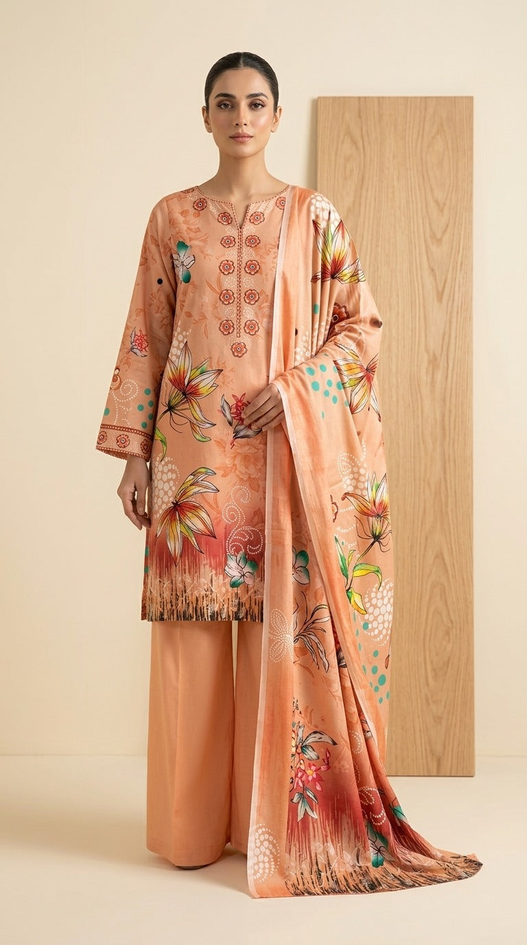 Dusty Peach Printed Linen 3-Piece Unstitched Suit
