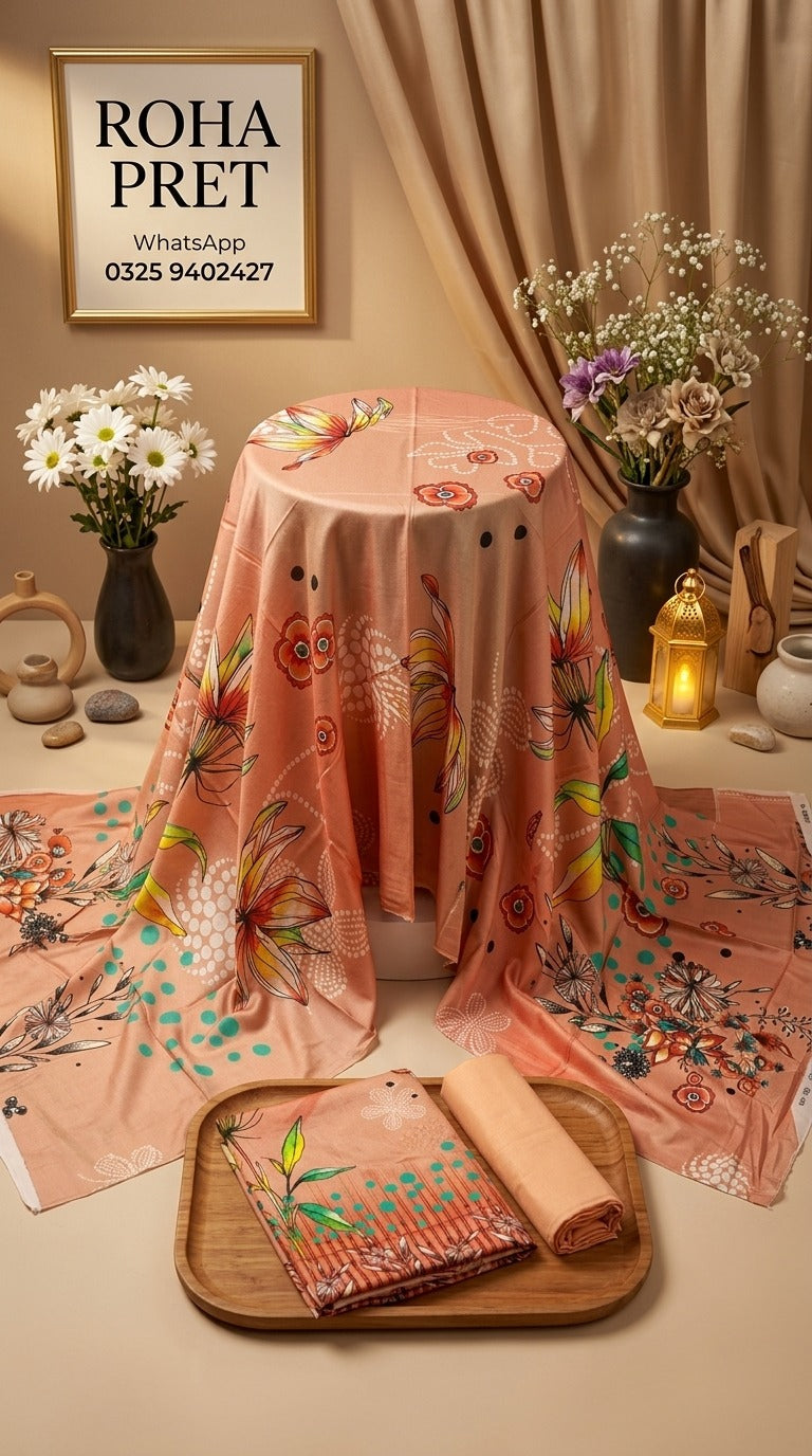Dusty Peach Printed Linen 3-Piece Unstitched Suit