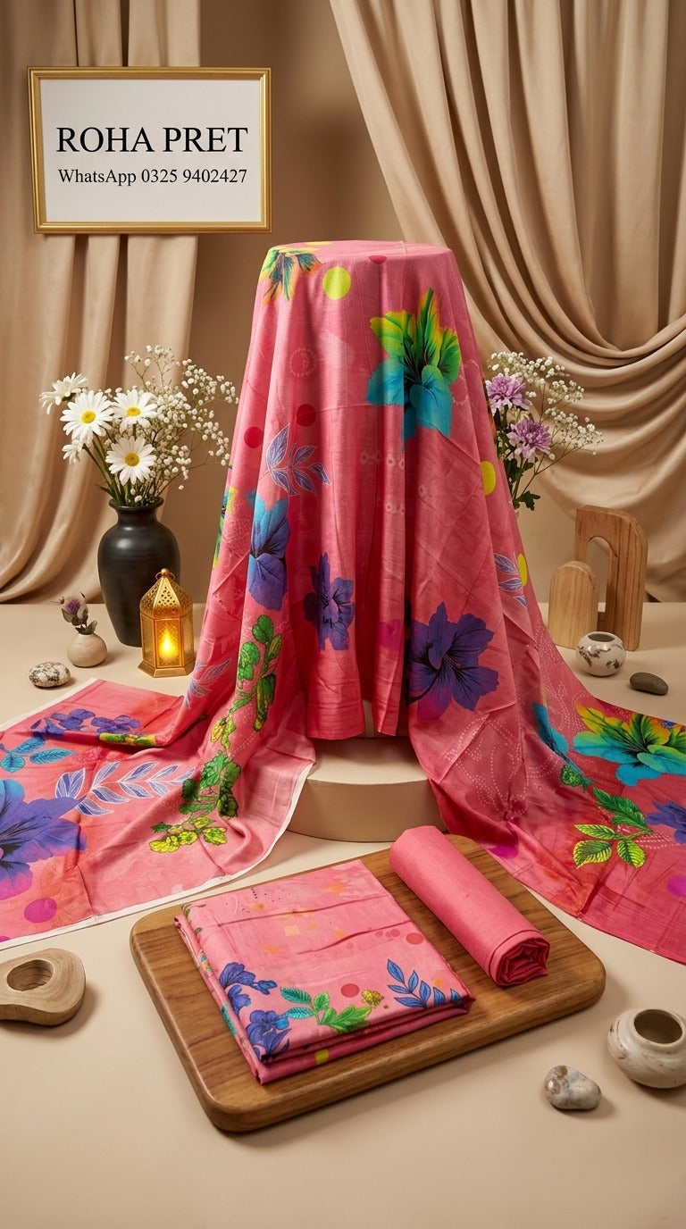Pink Floral Linen Suit – Pakistani 3-Piece Ensemble