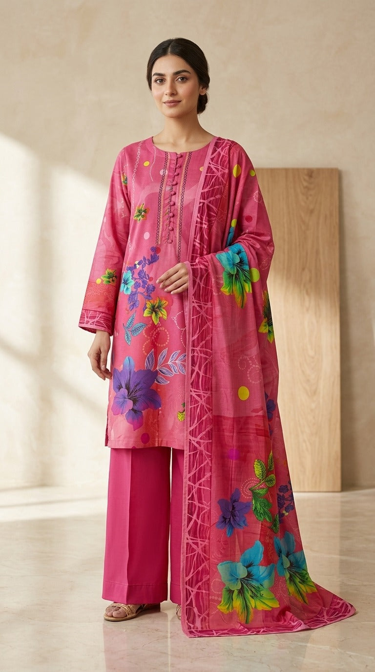 A woman modeling a bright pink traditional outfit with floral prints, featuring a long kurta, matching trousers, and a sheer dupatta, set against a warm beige interior background.