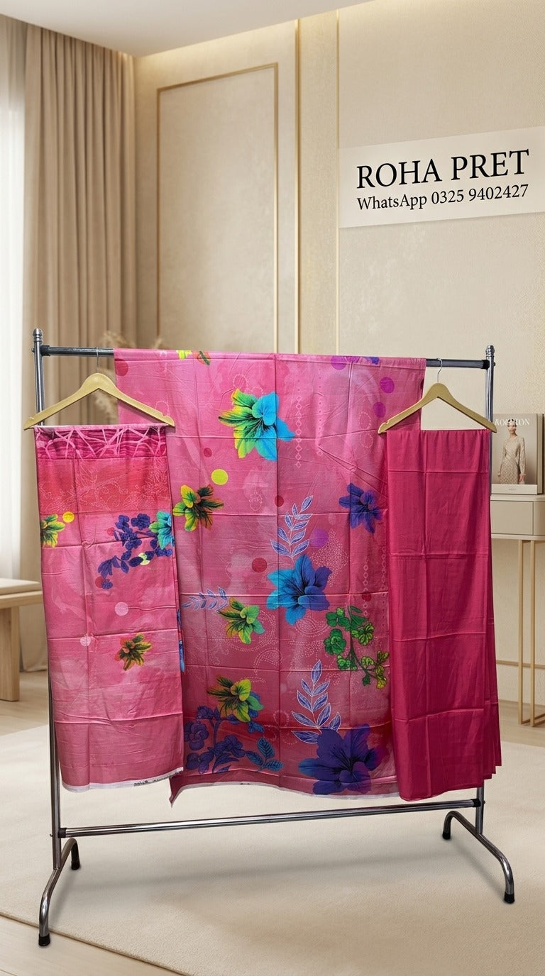 Pink Floral Linen Suit – Pakistani 3-Piece Ensemble