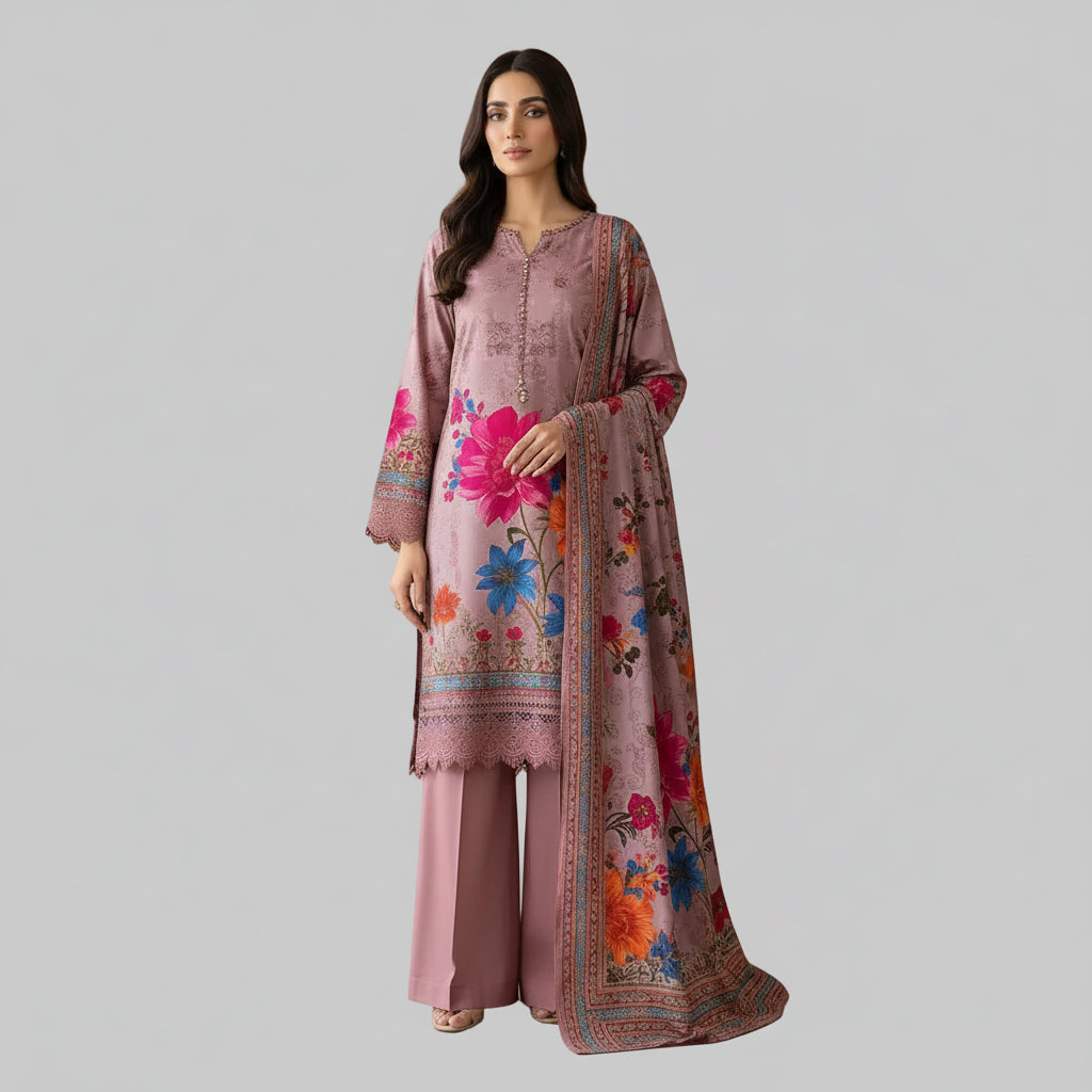 A woman models a three-piece traditional South Asian salwar kameez suit in dusty pink, featuring floral embroidery, lace borders, and a matching printed dupatta, set against a minimalist wooden panel background.