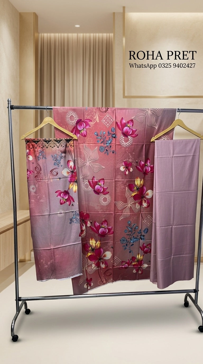 Rosewood Bloom Luxury Digital Print Unstitched Linen Suit (3-Piece)