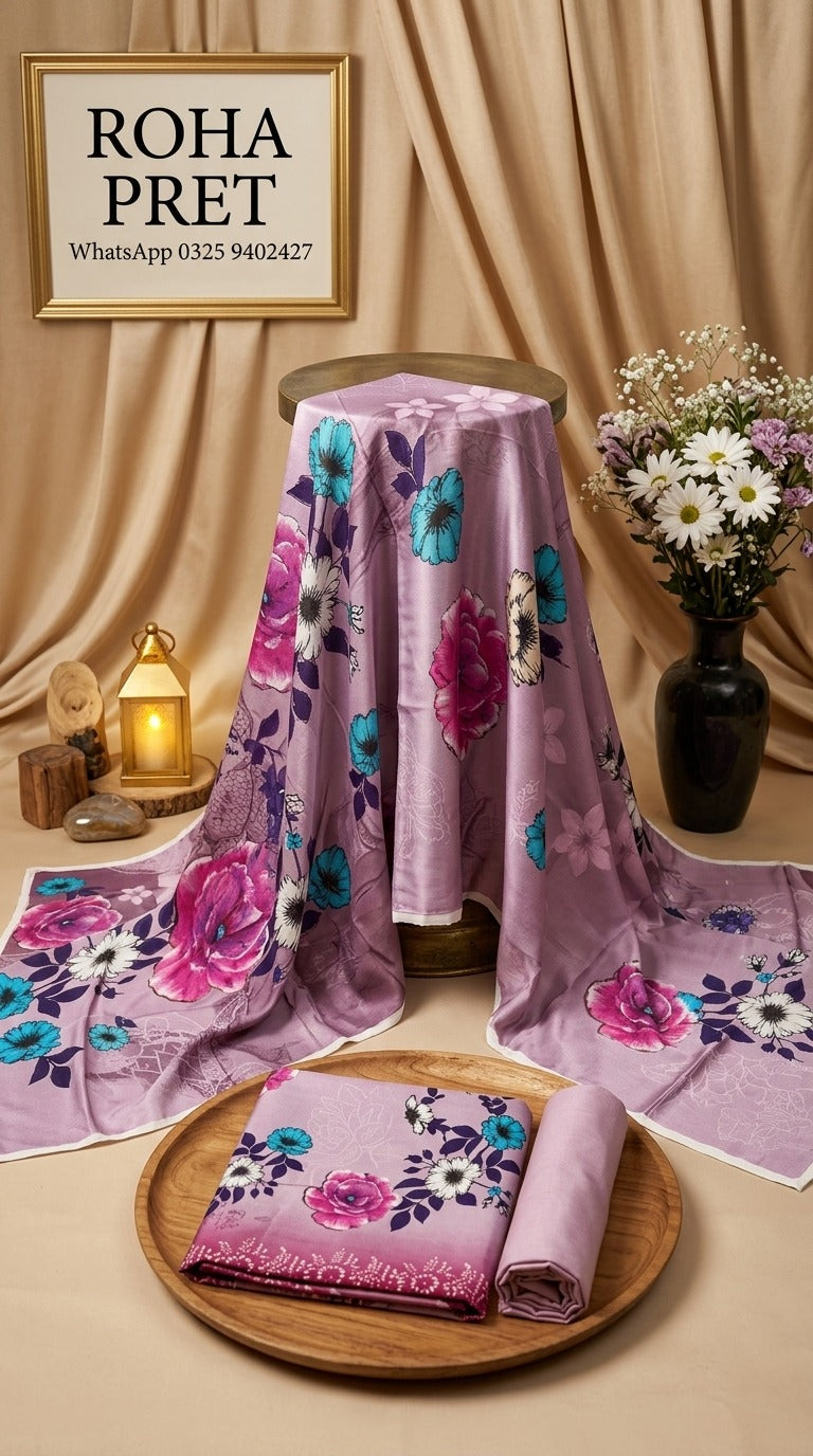Lavender Floral Linen Suit – Pakistani 3-Piece Ensemble