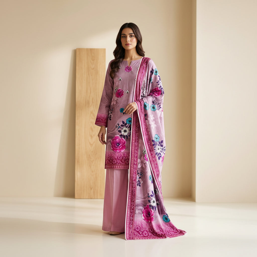 Lavender Floral Linen Suit – Pakistani 3-Piece Ensemble