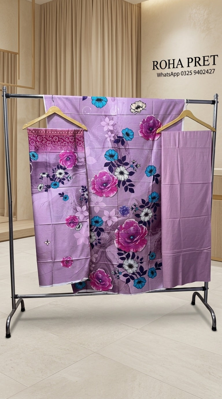 Lavender Floral Linen Suit – Pakistani 3-Piece Ensemble