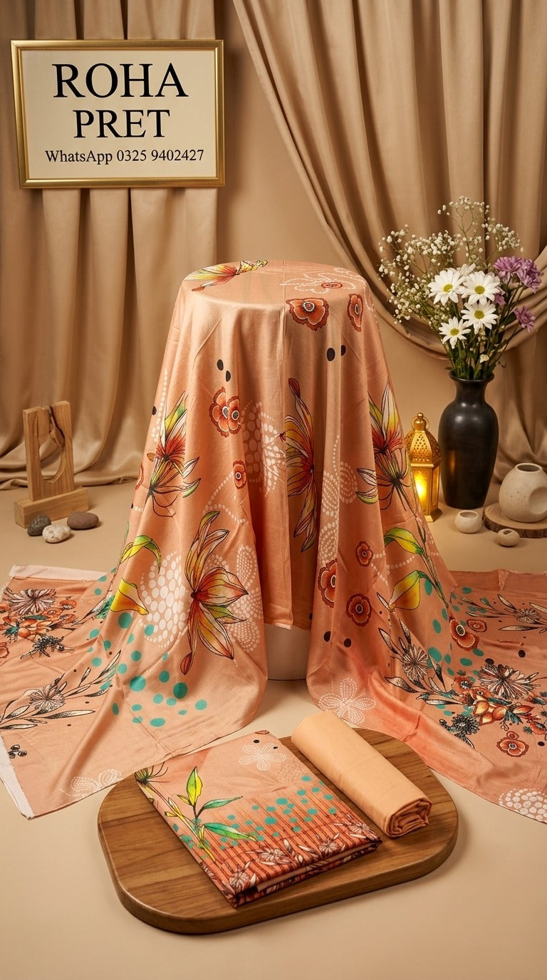 Peach Floral Linen Suit – Pakistani 3-Piece Ensemble