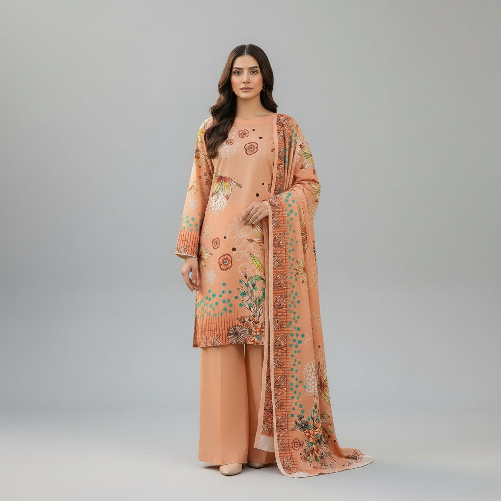 Peach Floral Linen Suit – Pakistani 3-Piece Ensemble