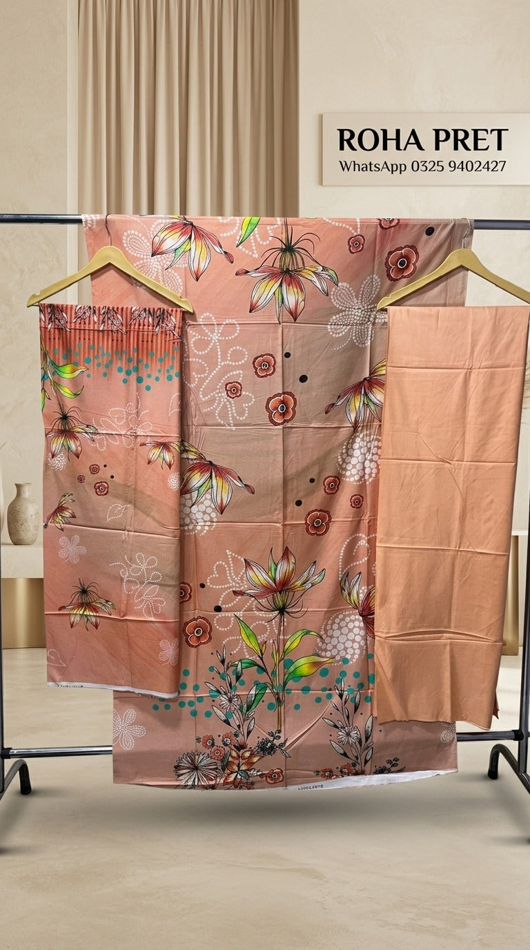 Peach Floral Linen Suit – Pakistani 3-Piece Ensemble