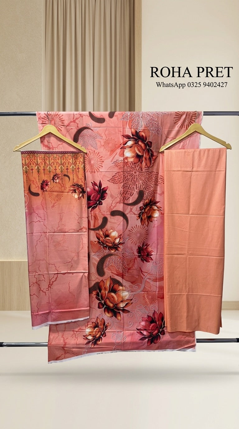 Peach Floral Linen Suit – Pakistani 3-Piece Ensemble