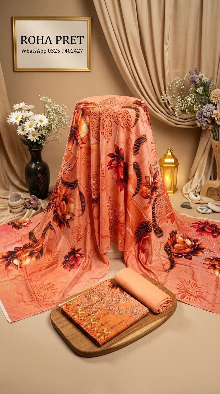 Peach Floral Linen Suit – Pakistani 3-Piece Ensemble