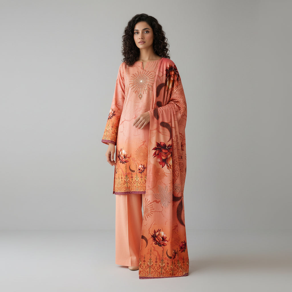 Peach Floral Linen Suit – Pakistani 3-Piece Ensemble