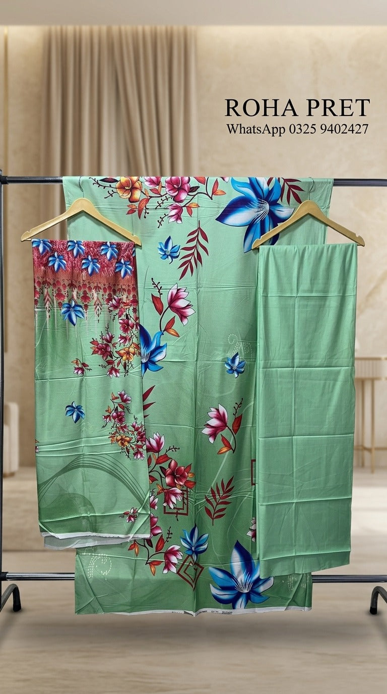 Mint Tropics Luxury Digital Print Unstitched Linen Suit (3-Piece)