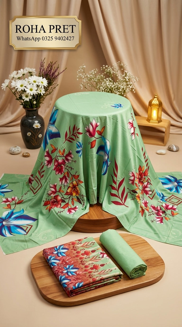 Mint Tropics Luxury Digital Print Unstitched Linen Suit (3-Piece)