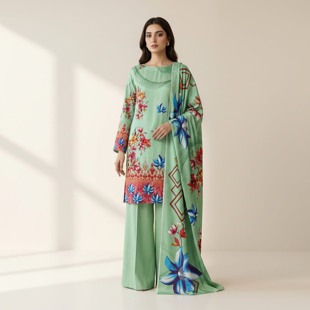Mint Tropics Luxury Digital Print Unstitched Linen Suit (3-Piece)