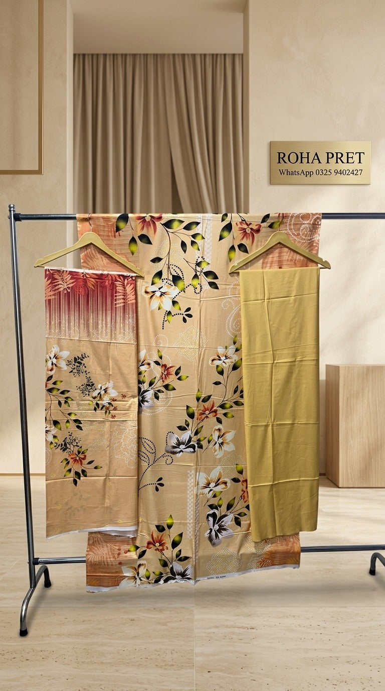 Beige Floral Linen Suit – Pakistani 3-Piece Ensemble