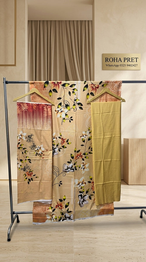 Beige Floral Linen Suit – Pakistani 3-Piece Ensemble