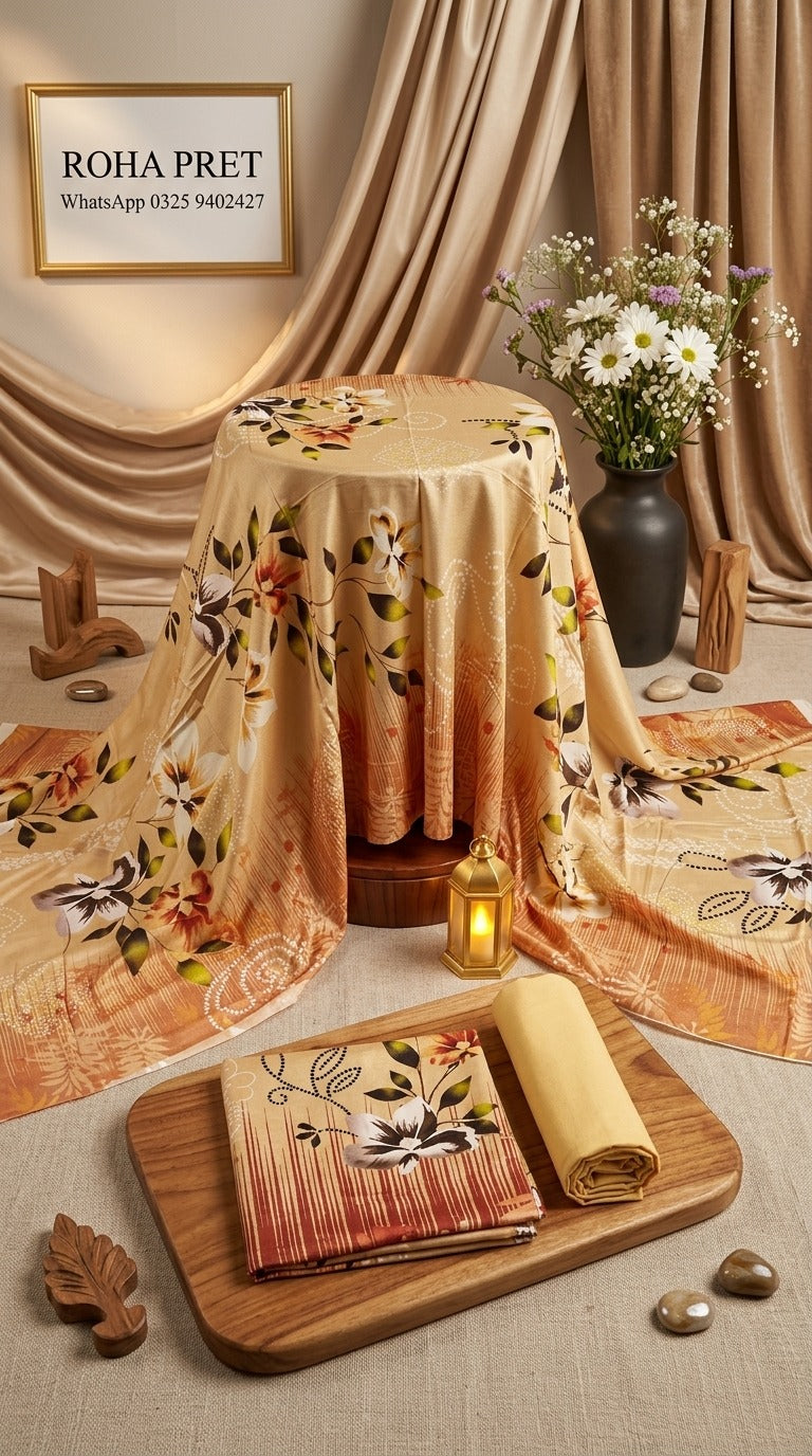 Beige Floral Linen Suit – Pakistani 3-Piece Ensemble