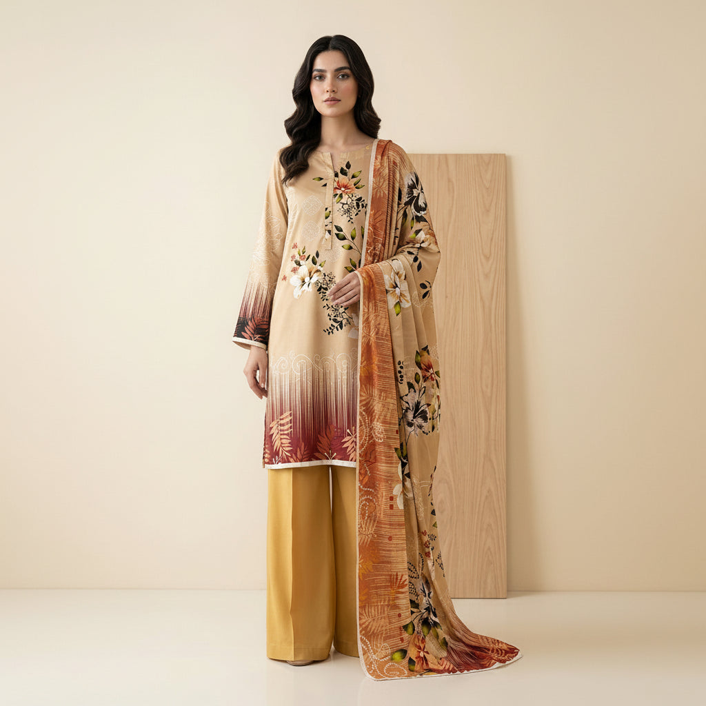 Beige Floral Linen Suit – Pakistani 3-Piece Ensemble