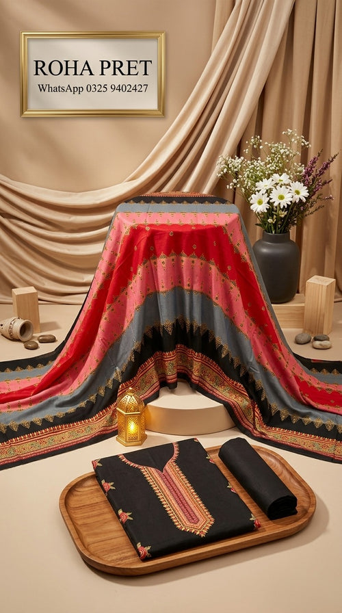 Black Linen Suit with Multi-Colour Printed Dupatta – Pakistani 3-Piece Ensemble