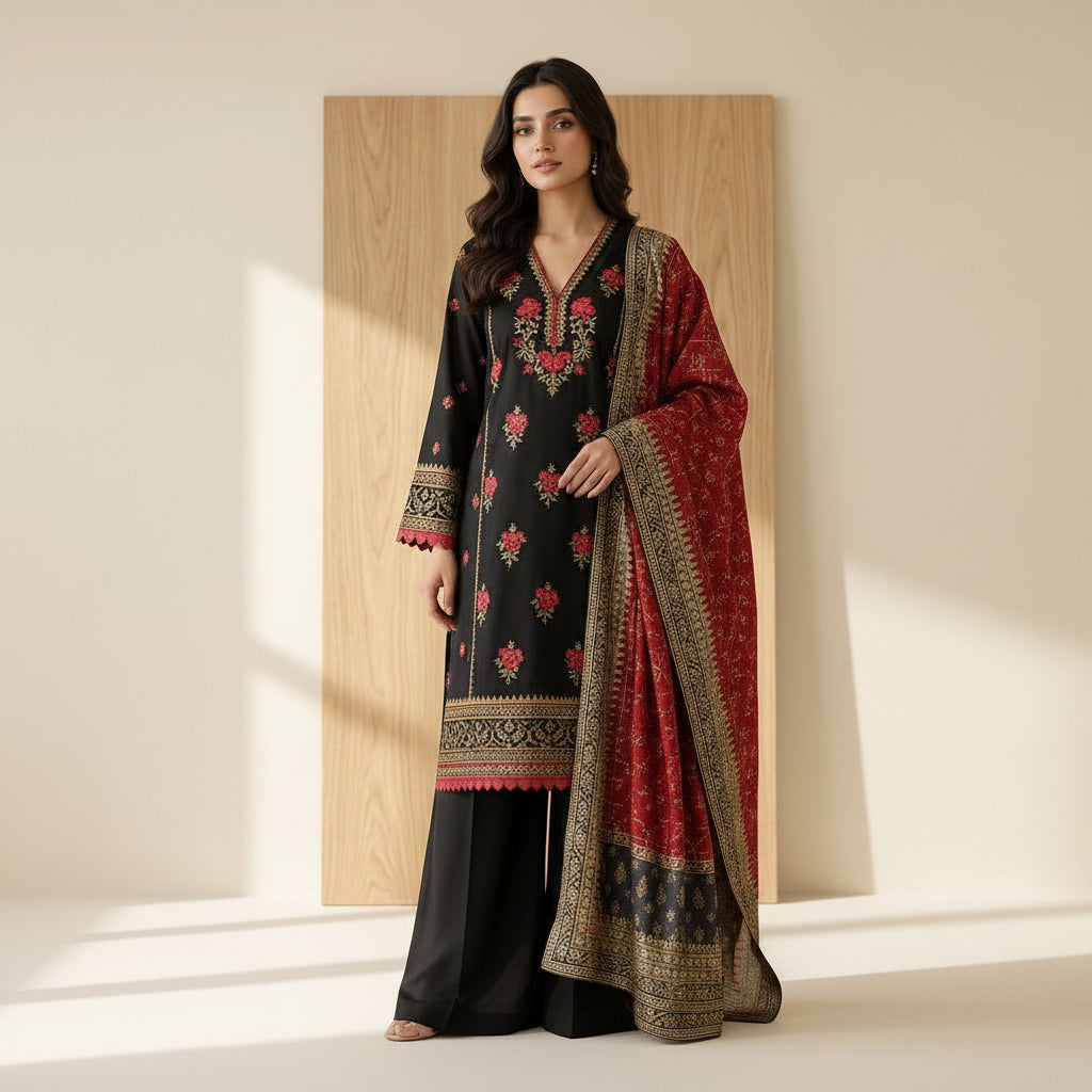 A woman models a black three-piece ethnic suit with red and gold floral embroidery, wide-leg black trousers, and a matching red and gray dupatta with gold borders, set against a minimalist wood-paneled background.