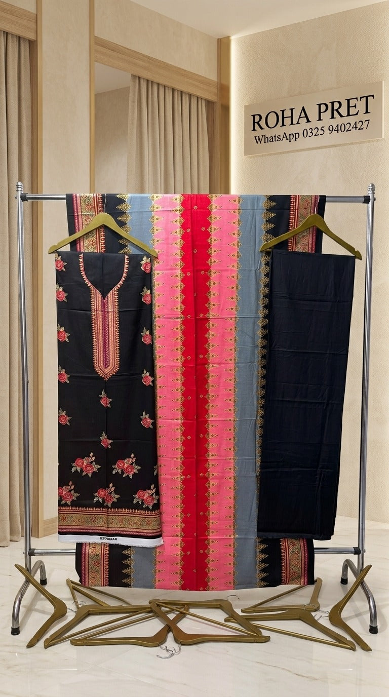 Black Linen Suit with Multi-Colour Printed Dupatta – Pakistani 3-Piece Ensemble
