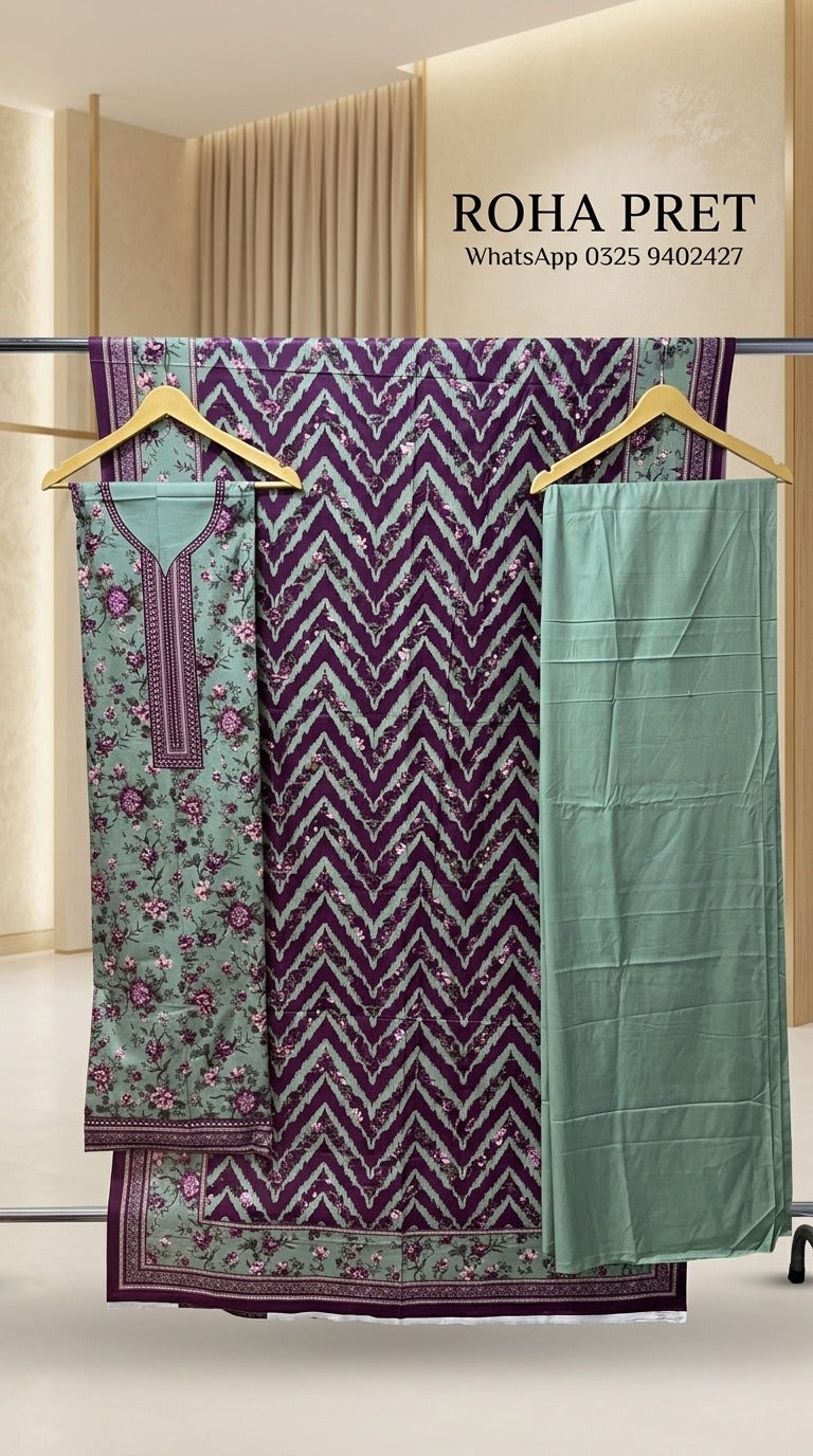 Plum Chevron Luxury Digital Print Unstitched Linen Suit (3-Piece)