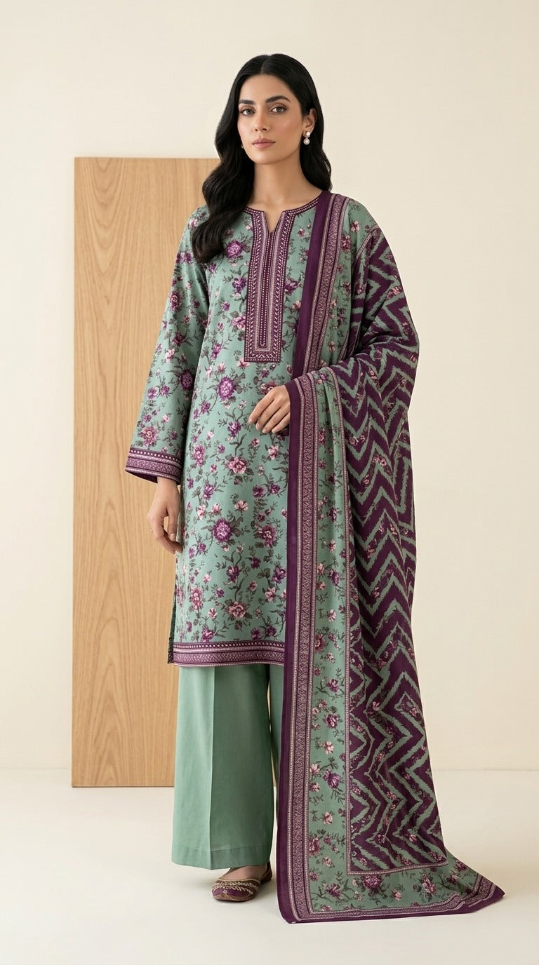 Plum Chevron Luxury Digital Print Unstitched Linen Suit (3-Piece)