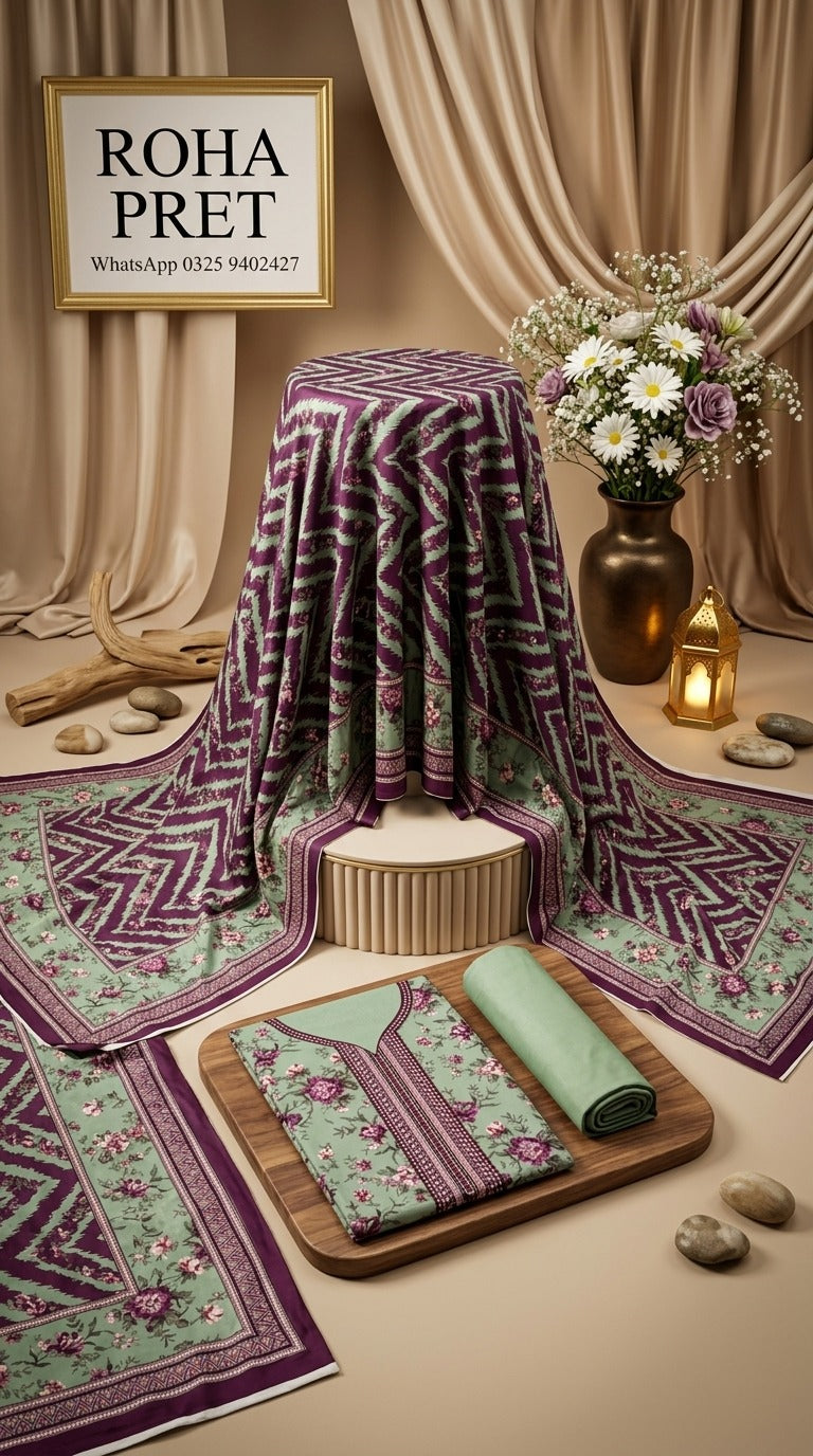 Plum Chevron Luxury Digital Print Unstitched Linen Suit (3-Piece)