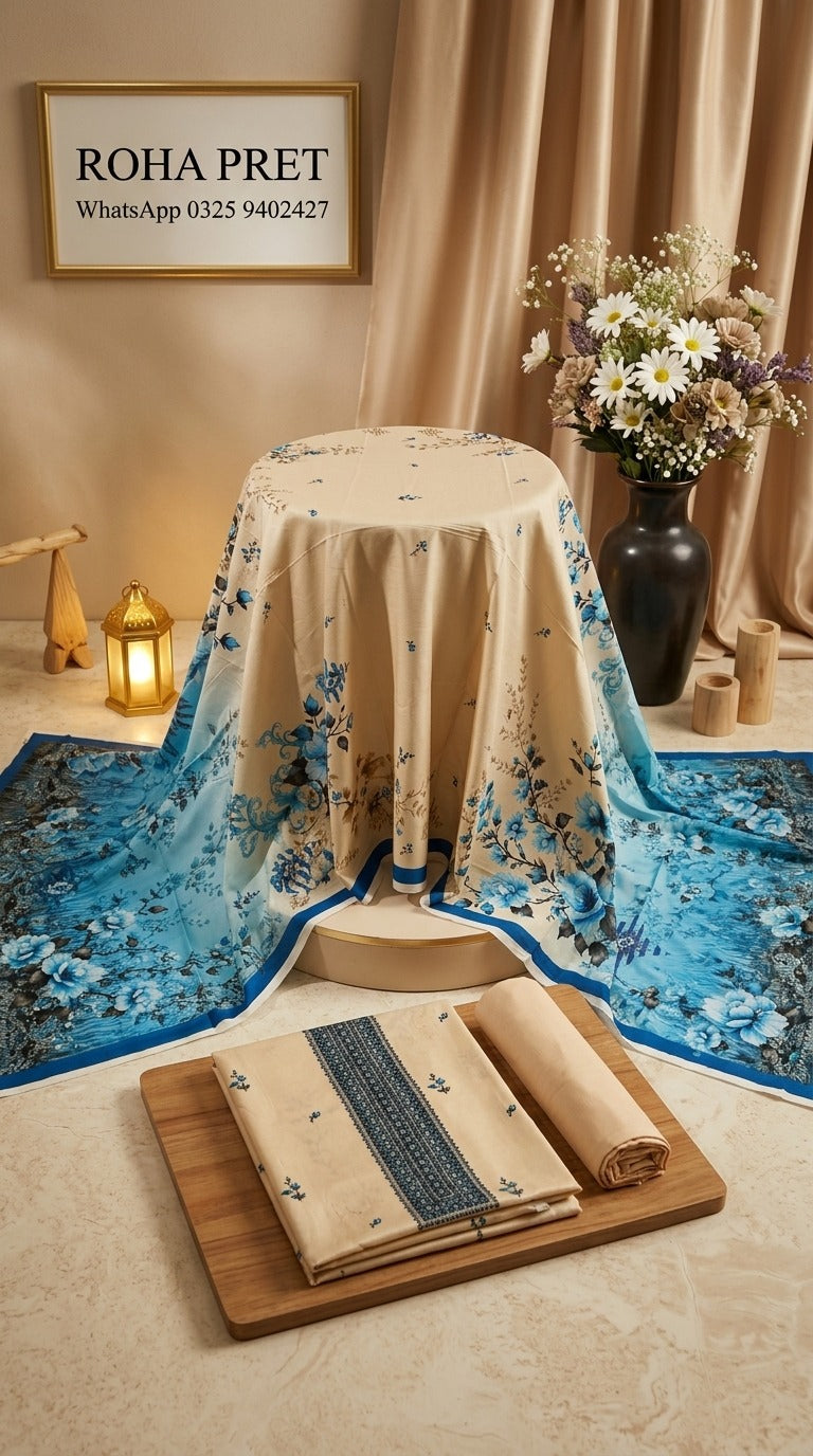 Cream Blue Floral Linen Suit – Pakistani 3-Piece Ensemble