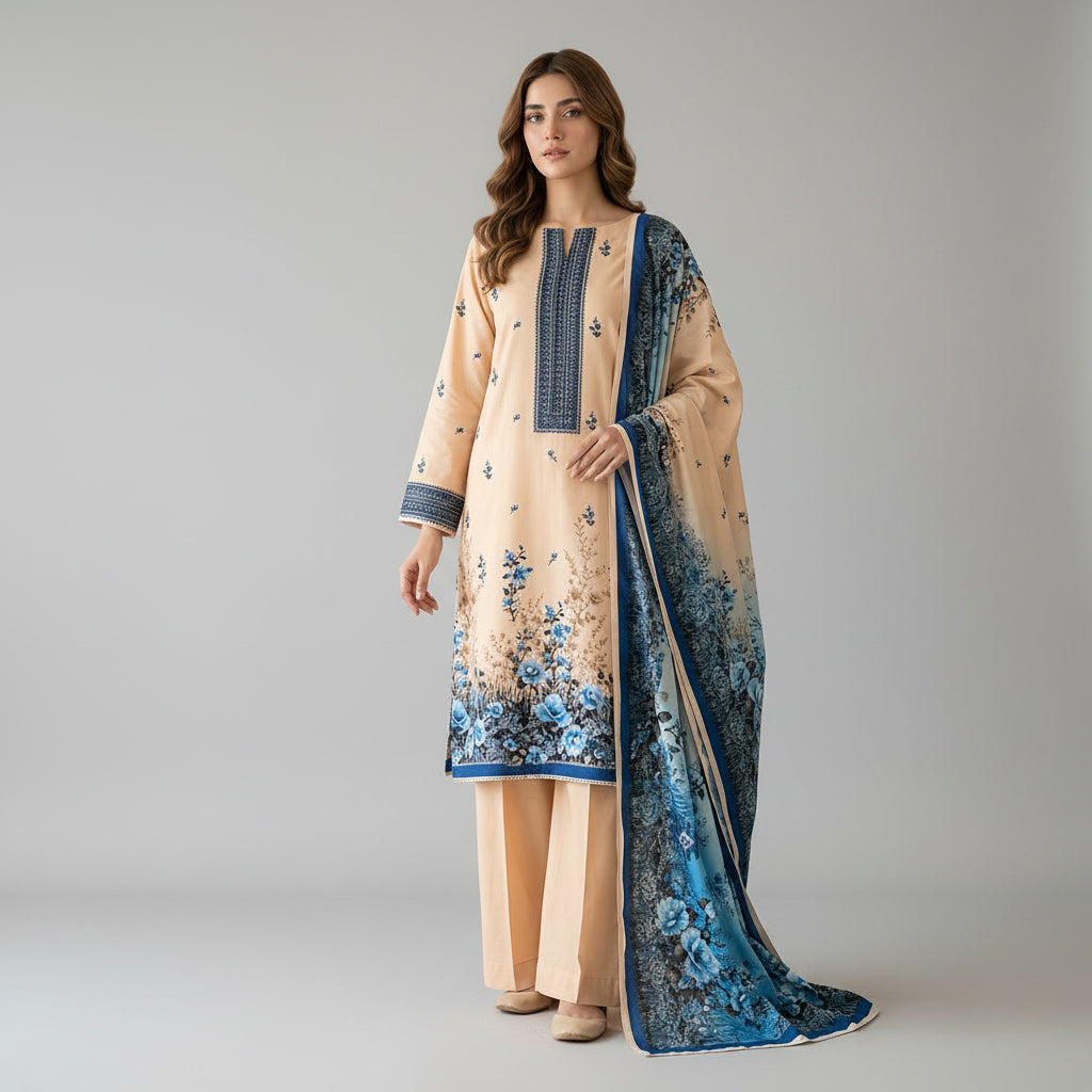 A woman models a traditional three-piece salwar kameez suit set. The set features a beige tunic (kameez) with blue floral embroidery and a blue border, matching beige trousers, and a coordinating blue dupatta with a blue-to-black gradient floral print.