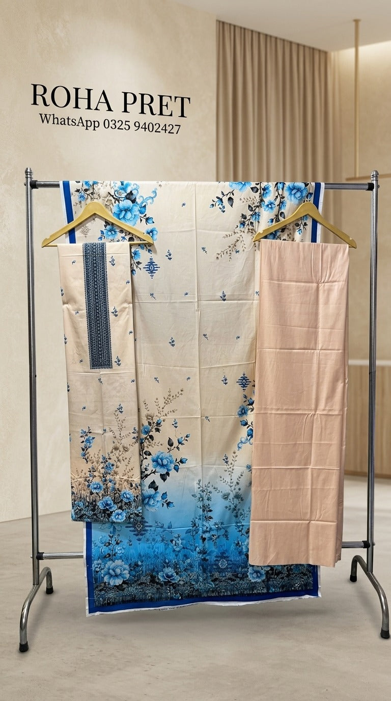 Cream Blue Floral Linen Suit – Pakistani 3-Piece Ensemble