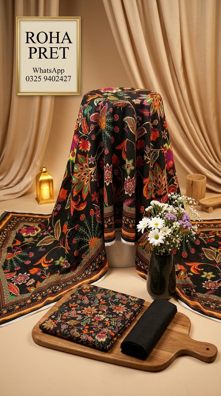 Midnight Bloom Luxury Digital Print Unstitched Linen Suit (3-Piece)