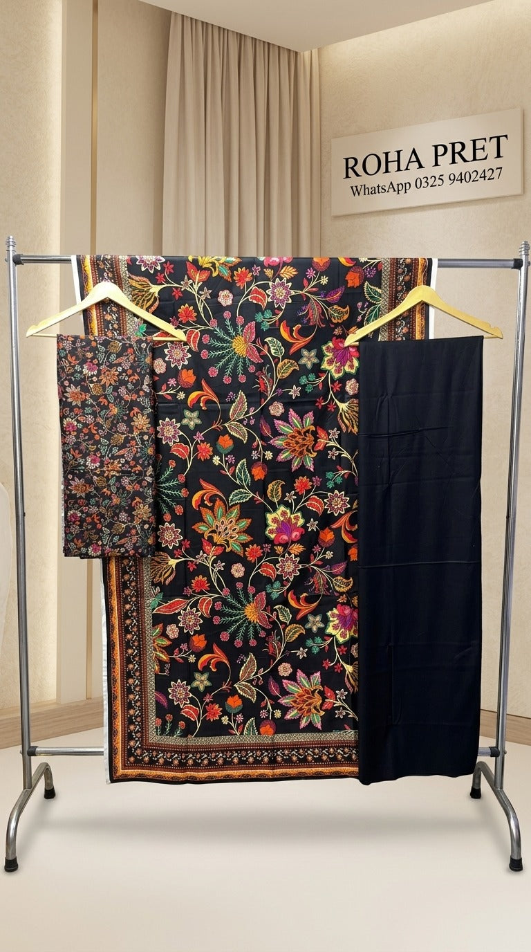 Midnight Bloom Luxury Digital Print Unstitched Linen Suit (3-Piece)