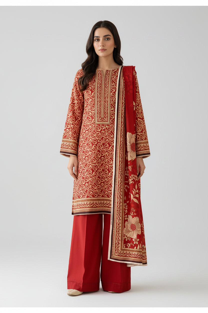 Scarlet Heritage Luxury Digital Print Unstitched Linen Suit (3-Piece)