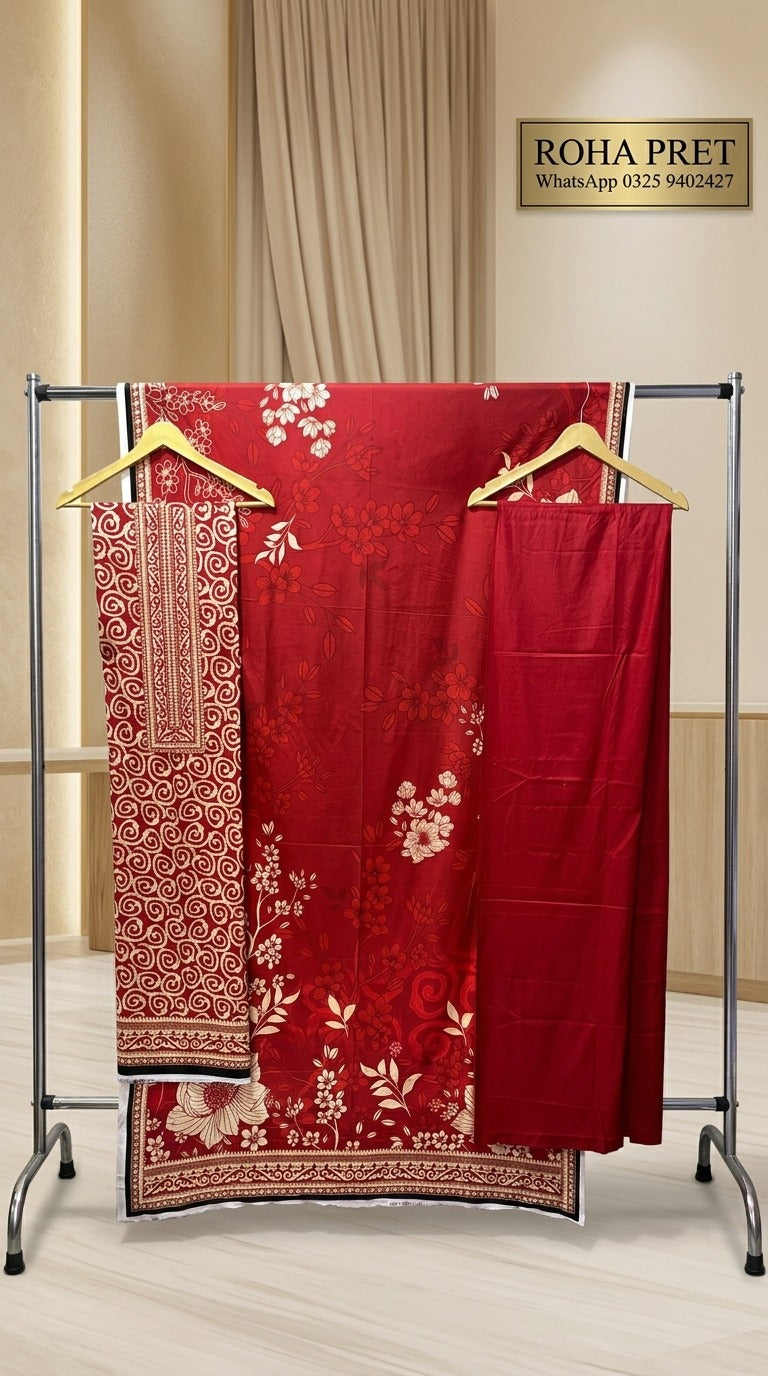 Scarlet Heritage Luxury Digital Print Unstitched Linen Suit (3-Piece)