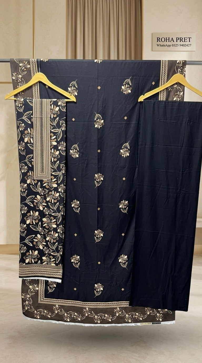 Midnight Beige Luxury Digital Print Unstitched Linen Suit (3-Piece)