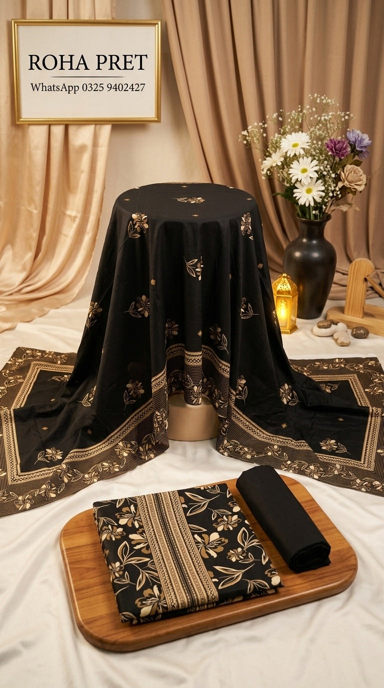 Midnight Beige Luxury Digital Print Unstitched Linen Suit (3-Piece)