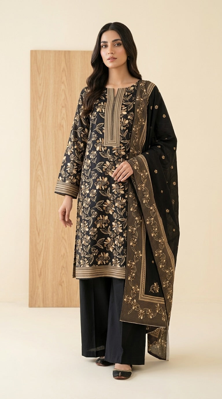 Midnight Beige Luxury Digital Print Unstitched Linen Suit (3-Piece)