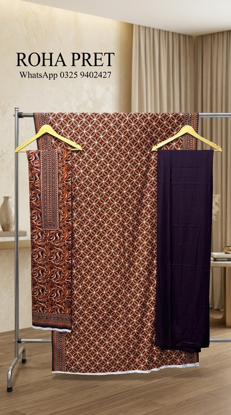 Rustic Maroon Geometric Luxury Digital Print Unstitched Linen Suit (3-Piece)