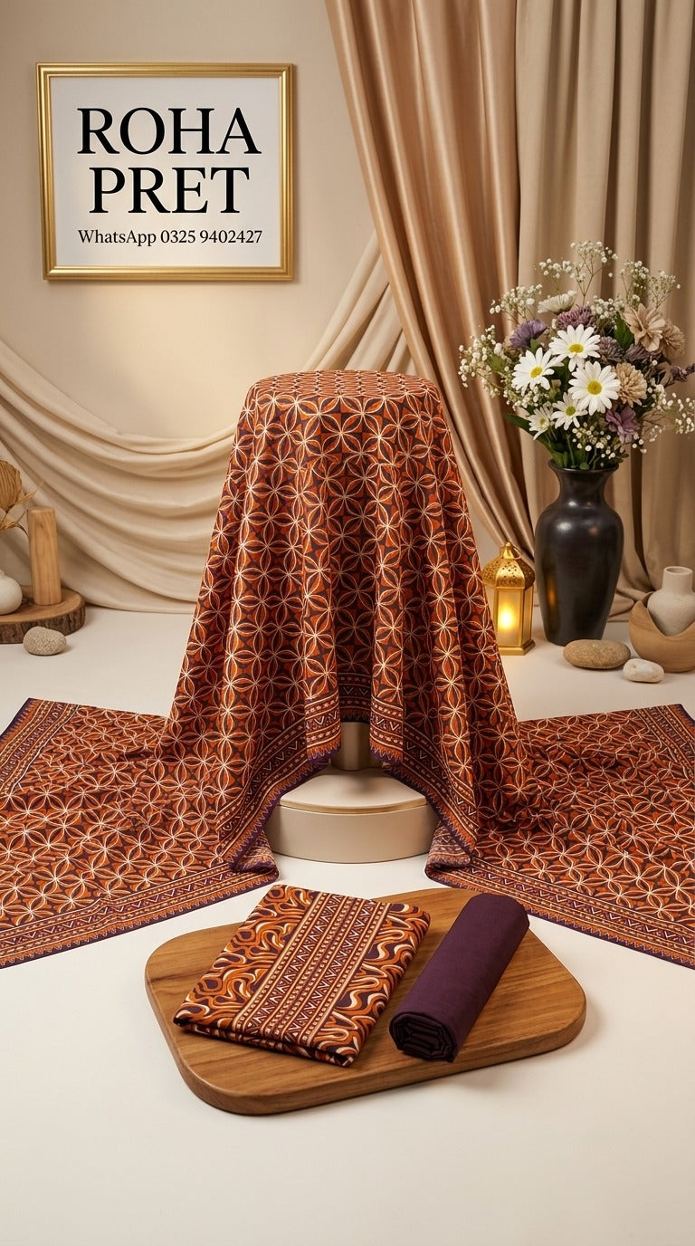 Rustic Maroon Geometric Luxury Digital Print Unstitched Linen Suit (3-Piece)
