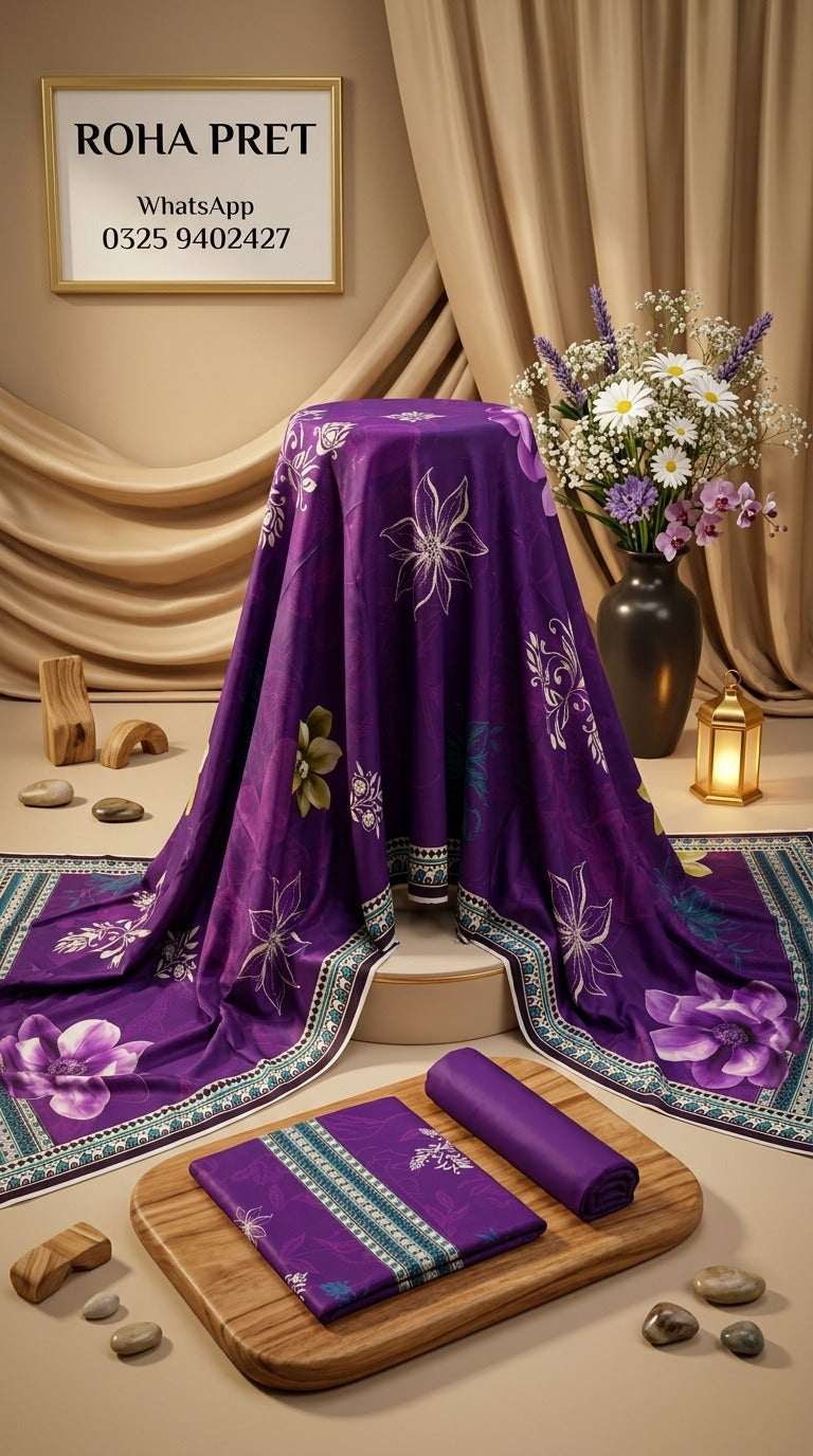 Royal Violet Bloom Luxury Digital Print Unstitched Linen Suit (3-Piece)
