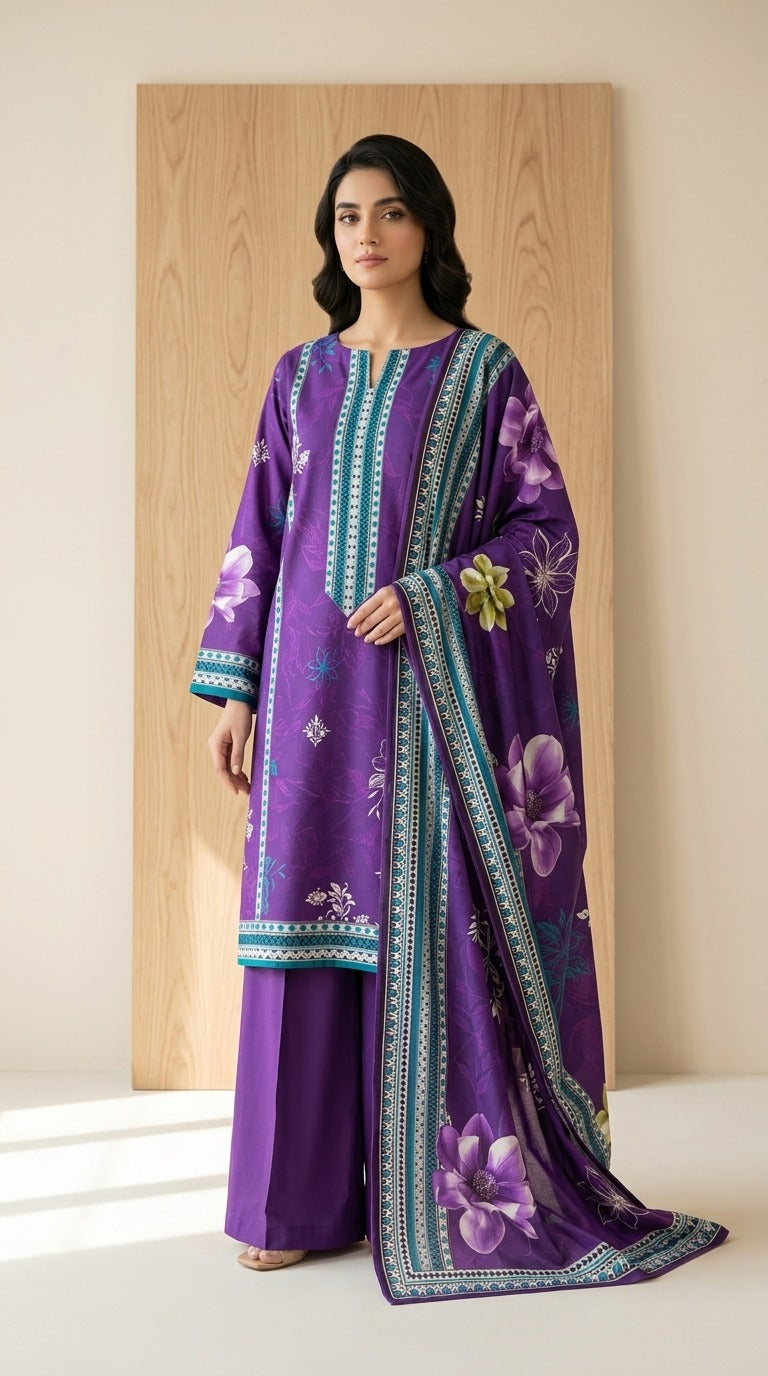 Royal Violet Bloom Luxury Digital Print Unstitched Linen Suit (3-Piece)