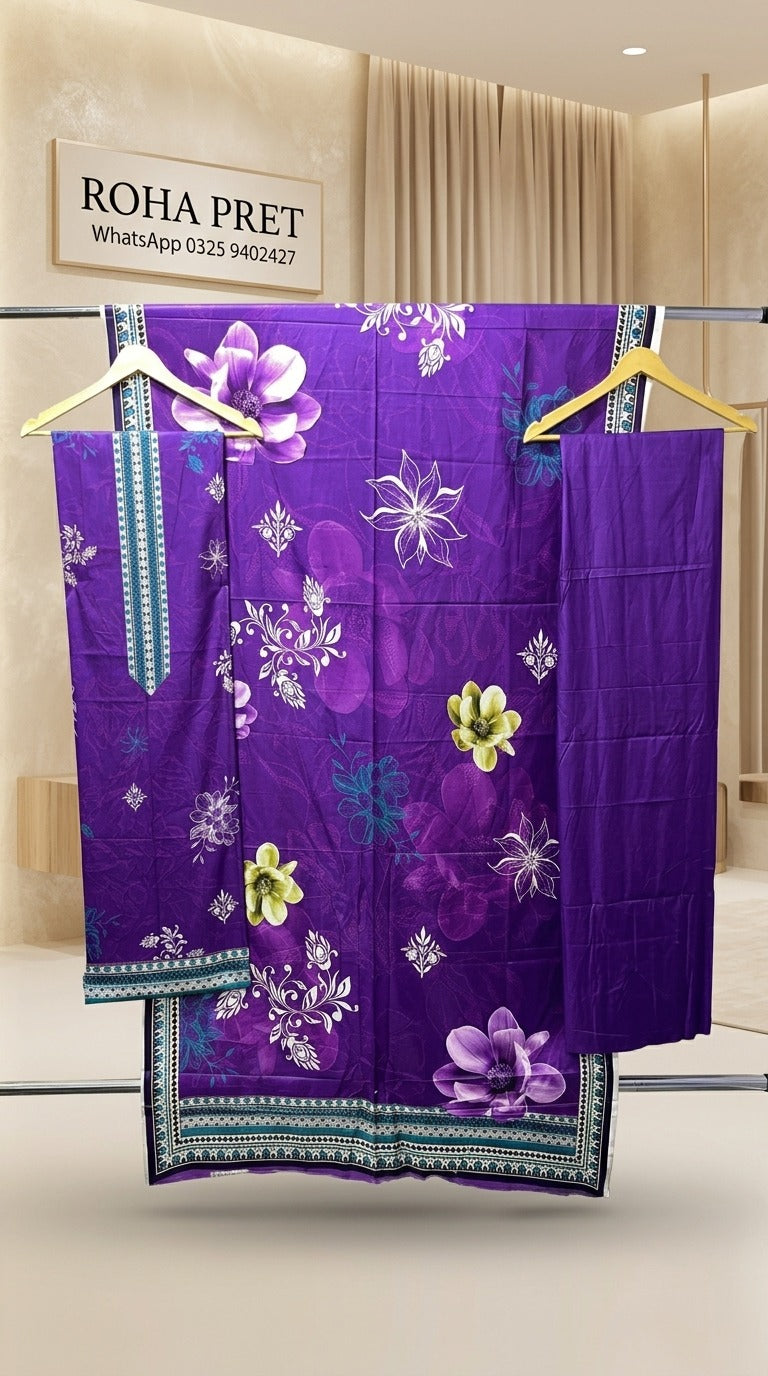 Royal Violet Bloom Luxury Digital Print Unstitched Linen Suit (3-Piece)