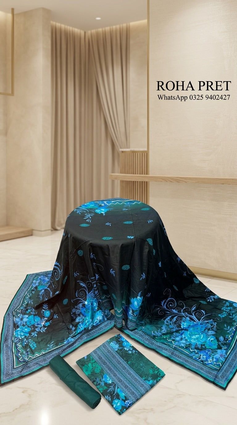 Black & Teal Floral Linen Suit – Pakistani 3-Piece Ensemble