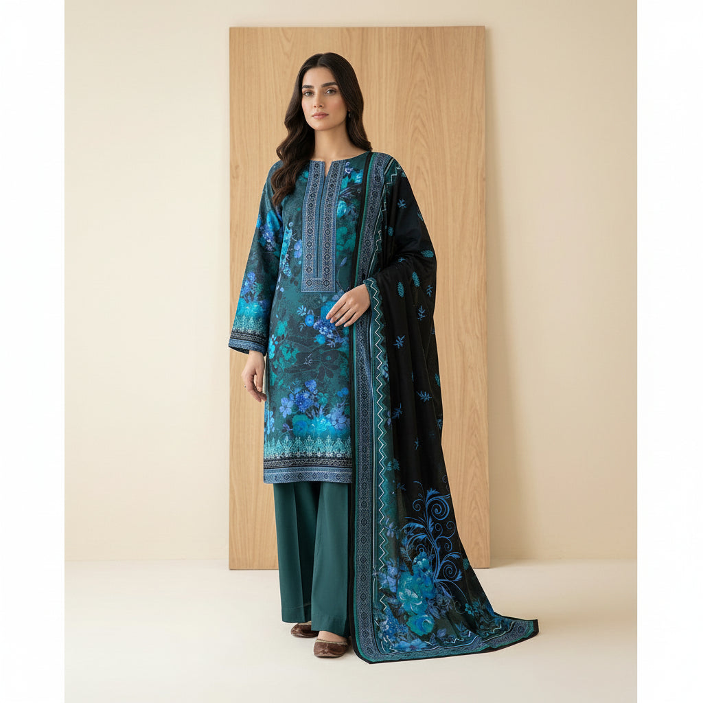 Black & Teal Floral Linen Suit – Pakistani 3-Piece Ensemble