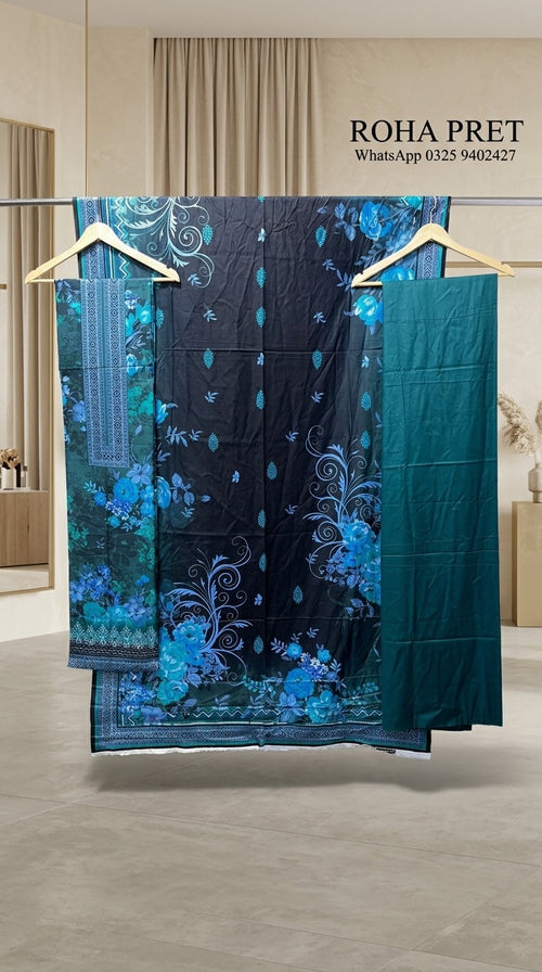 Black & Teal Floral Linen Suit – Pakistani 3-Piece Ensemble