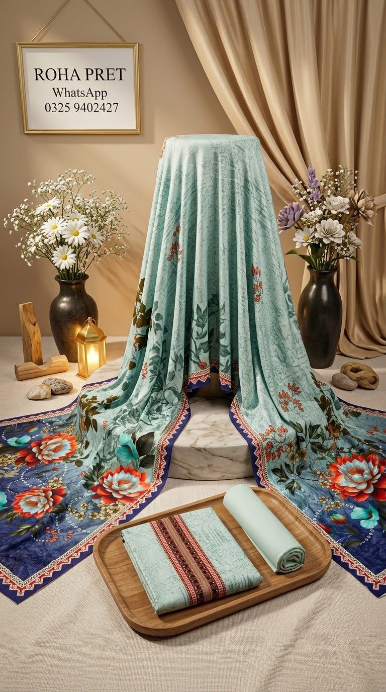 Sky Blue Floral Linen Suit – Pakistani 3-Piece Ensemble