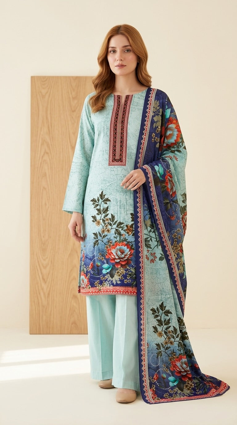 Sky Blue Floral Linen Suit – Pakistani 3-Piece Ensemble